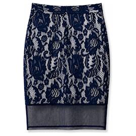 Just Cavalli Bleuner Bleistiftrock Marine mit floraler Spitze und transparentem Saum Designerrock für Damen IT 42