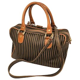 Fendi Vintage Pequin Boston Bag Tabakbraun Canvas und Leder mit schwarzen Streifen Hergestellt in Italien