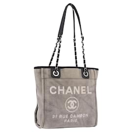 CHANEL Deauville Line Chain Canvas Tote Bag Grau Silber CC Authentisch bs35696