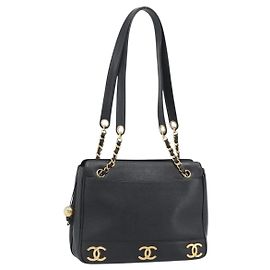CHANEL Triple Coco Chain Schultertasche Caviar Leder Schwarz Gold CC Auth 189110V