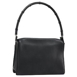 Bolso de Hombro GUCCI Bamboo de Cuero Negro Plata Auth 187466V