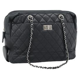 CHANEL 2.55 Umhängetasche mit Kette Lammleder Schwarz Silber CC Auth 186127V