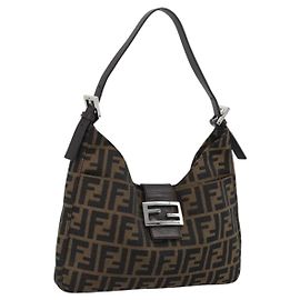 FENDI Zucca Canvas Mamma Baguette Shoulder Bag Black Brown Auth 189068V