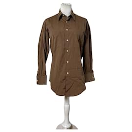 Chemise boutonnée vintage Saint Laurent en mélange de coton à rayures marron et crème M - Yves Saint Laurent