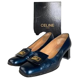 Céline Stilettos de tacón de cuero vintage Celine Navy Gold EU37.5