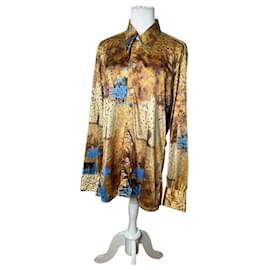Camicia in seta stampata vintage da uomo Givenchy Case Alberi Oro Marrone Blu L