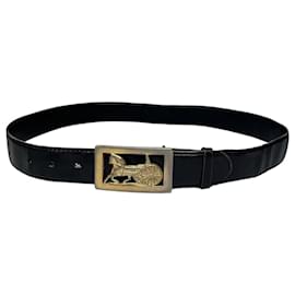 Vintage Celine Ledergürtel Pferd und Kutsche Schwarz Gold Silber - Céline