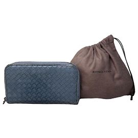 Portafoglio con zip in pelle intrecciata vintage Bottega Veneta Blu Argento