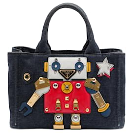 Borsa Satchel Robot di Prada in denim con bordi in Saffiano nero Small