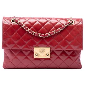 Chanel Red Quilted Patent Goatskin Pagoda Accordion Flap