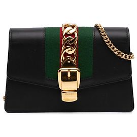 Gucci Black Super Mini Calfskin Web Sylvie Chain Crossbody