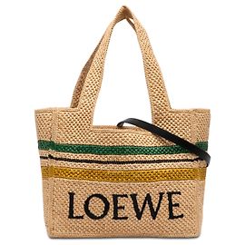 LOEWE Tote Paulas Ibiza Medium in rafia beige a righe con logo