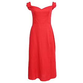 Reformation Bridgton schulterfreie geraffte Midi-Kleid aus rotem Leinen