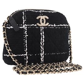 CHANEL Matelasse Chain Shoulder Bag Tweed Black Gold CC Auth 186402M