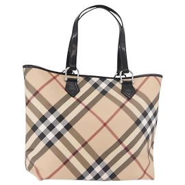 BURBERRY Nova Check Tote Bag PVC Beige Silver Auth 187957