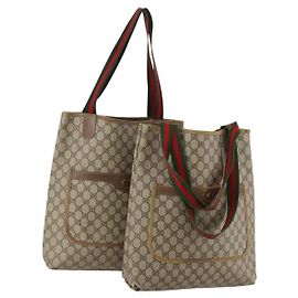 GUCCI GG Supreme Web Sherry Line Tote Bag PVC 2 Set Beige Auth ti3987
