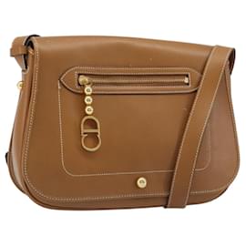 Bolso de hombro Christian Dior de cuero marrón dorado Auth hk3803