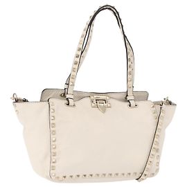 VALENTINO Studs Tote Bag Leder 2way White Gold Auth BA13505