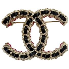 Broche Chanel CC Negro Rosa Dorado Cuero