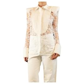 Balmain Camicetta in pizzo trasparente e tweed bianco - taglia UK 10