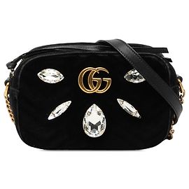 Gucci Black Mini GG Marmont Velvet Matelassé con Applicazioni di Cristalli a Tracolla