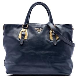Tote Shopping Convertible Aperto in Pelle di Vitello Morbida Blu Prada