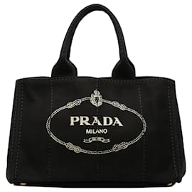 Tote in tela canapa nera con logo Prada