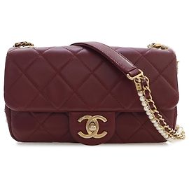 Chanel Red Mini Quilted Calfskin Crystal Pearls Chain Flap