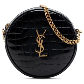 Saint Laurent Round Camera Bag aus schwarzem Lackleder mit Krokoprägung