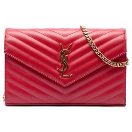 Saint Laurent Cassandre Umschlag-Kettenportemonnaie in rotem Grain De Poudre Leder