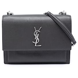 Borsa a tracolla Saint Laurent Monogram Sunset in pelle di vitello a grana media grigia