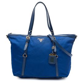 Borsa Tote Convertible Prada Blue Saffiano Trimmed Tessuto Zip Top