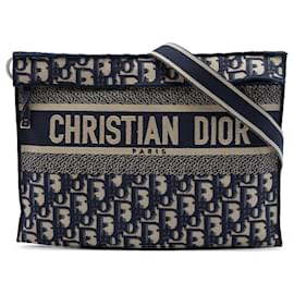 Borsa a tracolla piatta in tela Blue Oblique di Dior