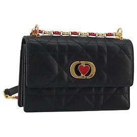 Bolso de cadena Christian Dior Cannage Miss Caro de piel negro y oro Auth 188849SAM