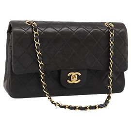 CHANEL Matelasse 25 Chain Shoulder Bag Lamb Skin Black Gold CC Auth 189017V