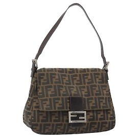FENDI Zucca Canvas Mamma Baguette Borsa a Spalla Nero Argento Marrone Autentica 187420V
