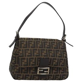 FENDI Zucca Canvas Mamma Baguette Borsa a Spalla Nero Argento Marrone Auth 186462V