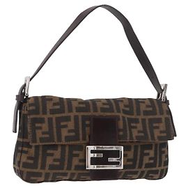 FENDI Zucca Canvas Mamma Baguette Sac à bandoulière Noir Marron Argent Auth 189252SAM