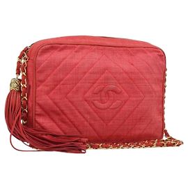 Borsa a Spalla con Catena CHANEL Tela Rossa Oro CC Auth 185838A