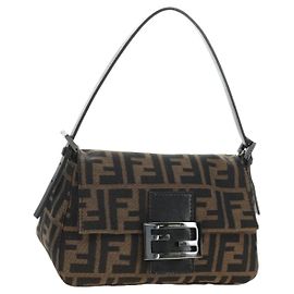 FENDI Zucca Canvas Mamma Baguette Mini Shoulder Bag Black Brown Auth yk20529SAM