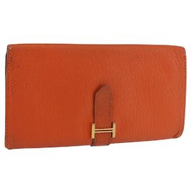 Hermès HERMES Bane Souffle Long Wallet Leather Orange Gold Auth bs35718