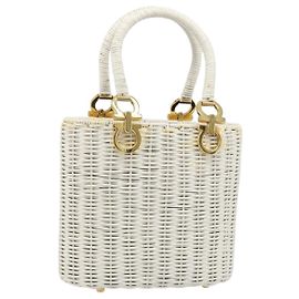Borsa Salvatore Ferragamo Gancini in Rattan Bianco Oro Autentica 187454V