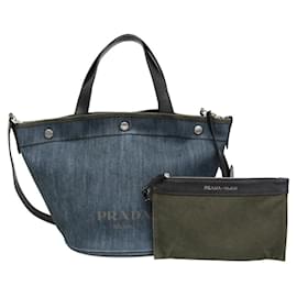 Borsa tote a tracolla in denim e pelle blu navy Prada 1BG244