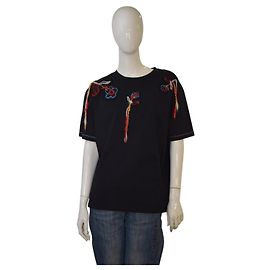 Sonia Rykiel Paris T-shirt in cotone nero con ricami floreali e frange - XL
