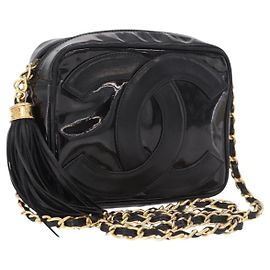 CHANEL COCO Mark Chain Shoulder Bag Patent leather Gold Black CC Auth 189232V