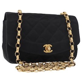 CHANEL Matelasse Chain Shoulder Bag Satin Black Gold CC Auth 187299V
