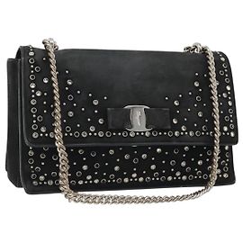 Borsa a tracolla Salvatore Ferragamo Vala Chain in scamosciato nero con catena argento Autentica 187258A