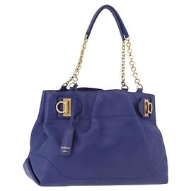 Bolso Tote de Hombro Salvatore Ferragamo Gancini de Cuero Azul Auténtico 187269V