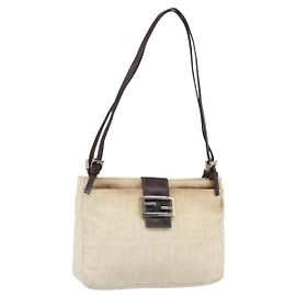 FENDI Zucca Canvas Mamma Baguette Shoulder Bag Beige Silver Auth 186380