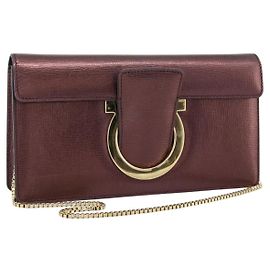 Borsa a Spalla Salvatore Ferragamo Gancini in Pelle Marrone e Oro Auth 187281V